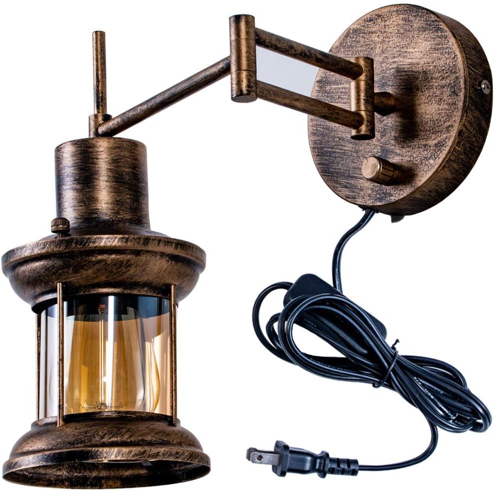 Wall Sconce Light Fixture Swing Arm Oil Rubbed Bronze Flourim Industrial Rustic Retro Indoor Lighting Vintage Wall Lamp with Clear Glass 110V Plug-in for Bar Bedroom Bedside Porch Hallway(1 Pack)