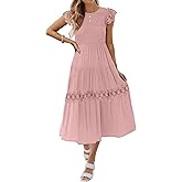 ZESICA Women's Casual Crew Neck Flutter Sleeve Smocked High Waist Hollow Out Lace Trim Tiered A Line Midi Dress
