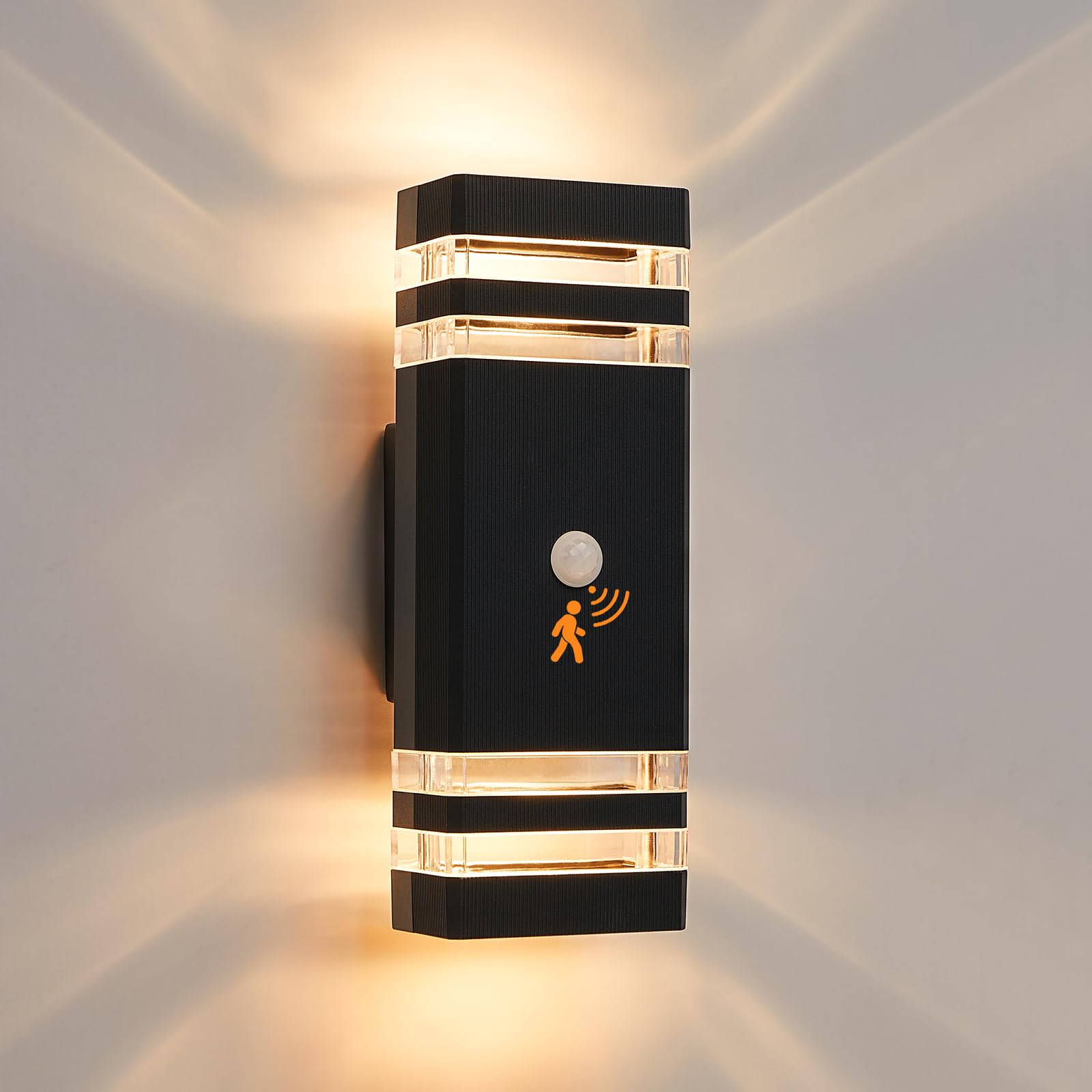 CELAVY Up Down Outside Lights with Motion Sensor, PIR Outdoor Wall Light Mains Powered, IP65 Square Front Door Porch Light Electric, GU10 Modern LED External Lamp Exterior Sconce for House, Black — image 1