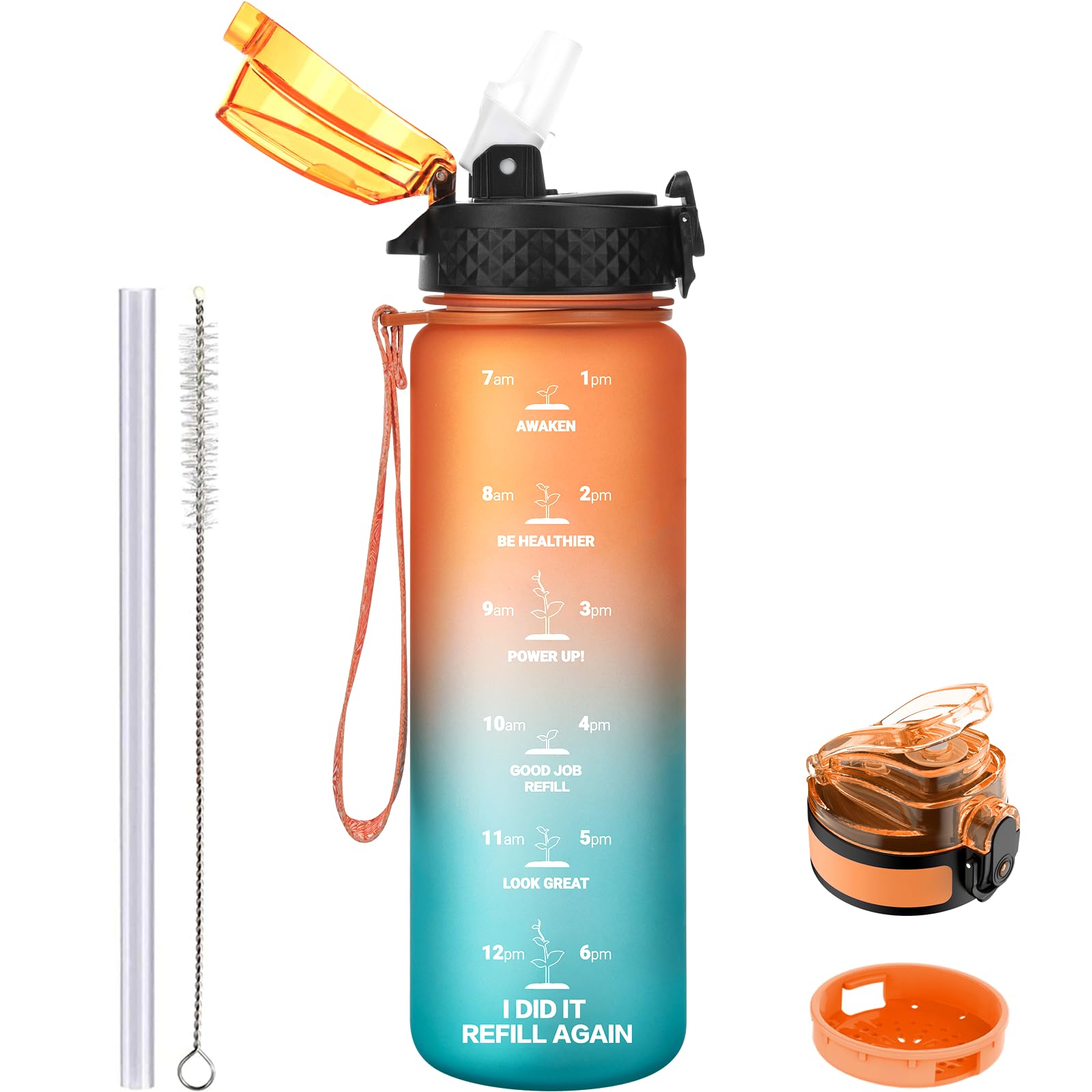 GOPPUS 500ml/17oz Kids Water Bottles with Straw Tritan Childrens Bottle with Flip Top Lid BPA Free Measured Drinks Bottle with Strap Sports Reusable Time Markings Leakproof (Orange Green)