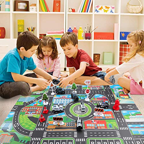 Car Toys Set with Transport Cargo Airplane and Large Play Mat, Mini Educational Vehicle Police Car Set for Kids Toddlers Boys Child Gift for 3 4 5 6 Years Old, 6 Cars, Large Plane, 11 Road Signs