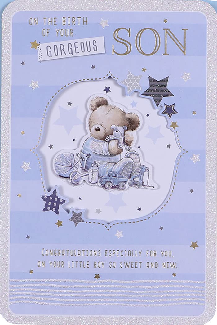 prelude New Baby Boy Card ~ Congratulations On The Birth Of Your Gorgeous Son ~ Lovely Quality New Baby Bear & Balloons Card.