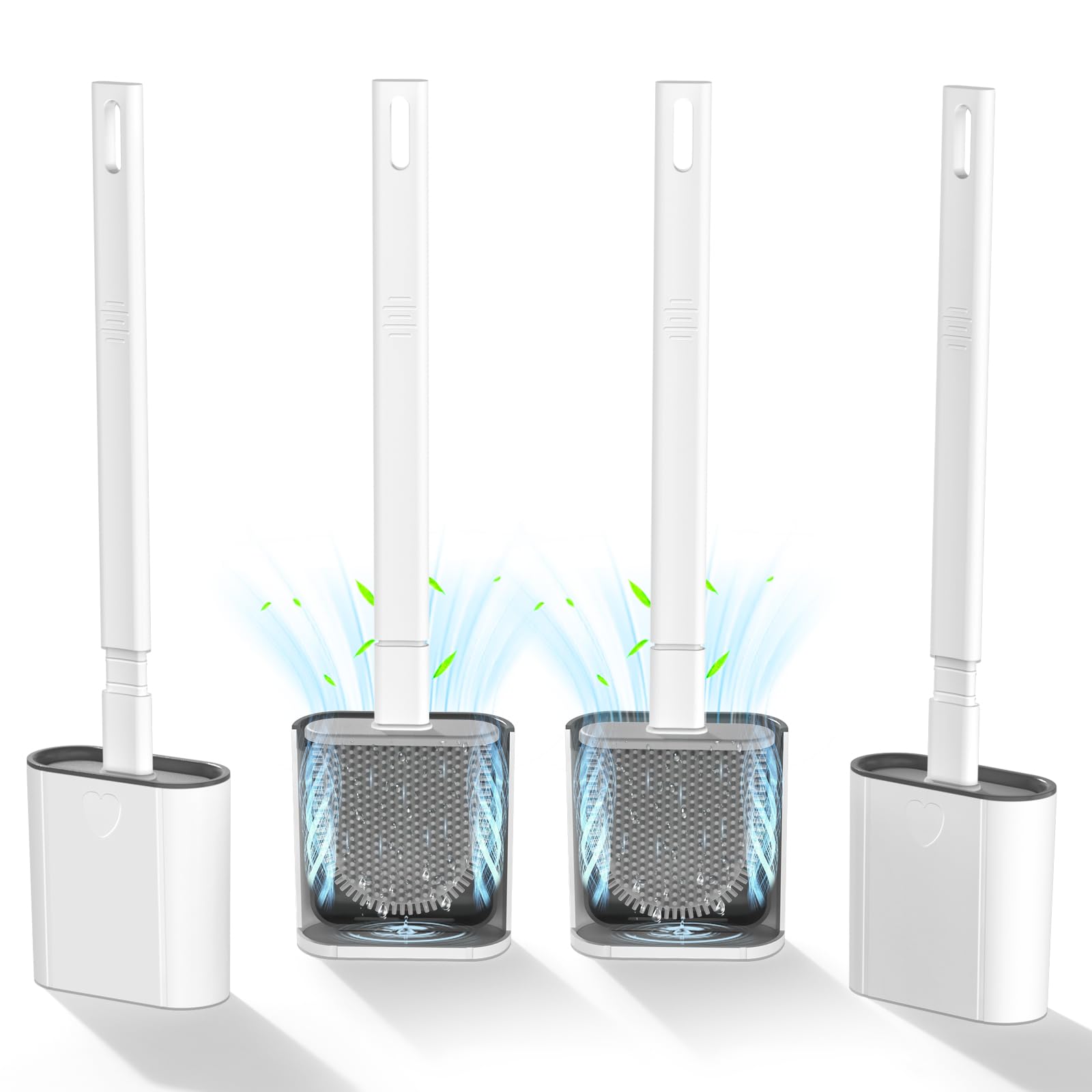 Toilet Brushes, 4 Pack Bathroom Silicone Toilet Brush with Holder Sets with No-Slip Long Plastic Handle and Soft Flexible Bristles, Toilet Brushes and holders and Base for Anti-drip (White)