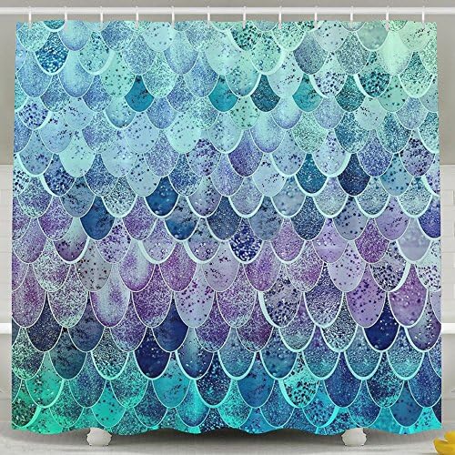HDMEI Mermaid Fish Scales Pattern Shower Curtain Ruffle Bathroom Decor Set,with Hooks,72x72