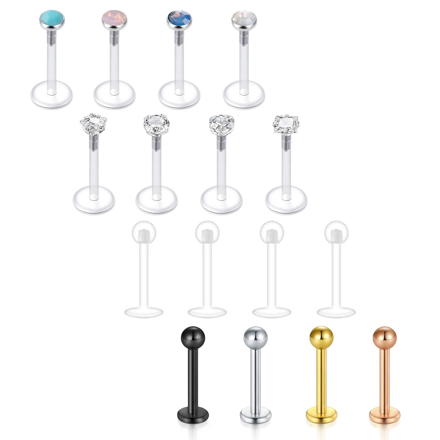 Briana Williams 16pcs Lip Labret Bars Stud Bioflex Flexible Stainless Steel 16G Retainer Tragus Cartilage 6/8/10mm Piercing