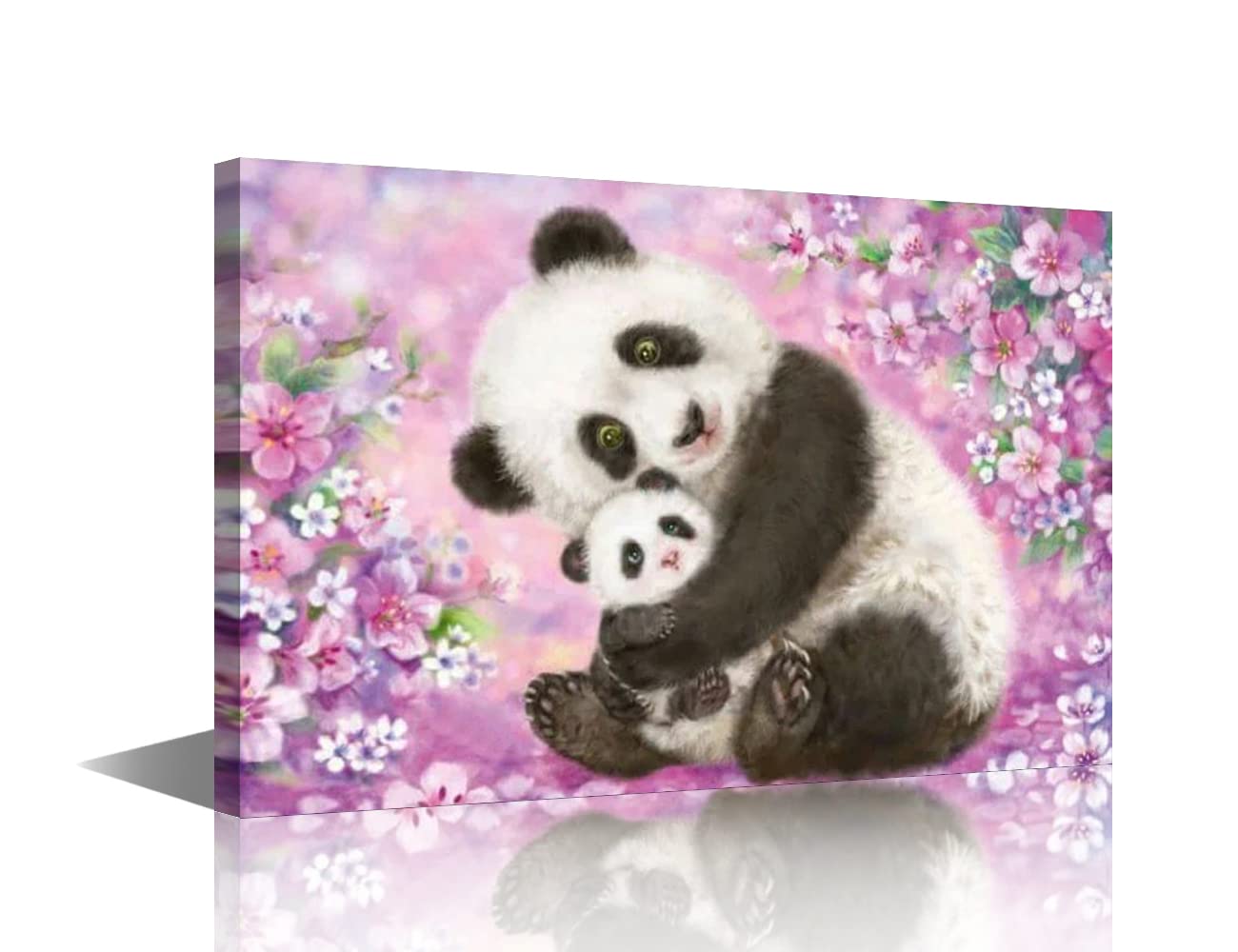 Wall Art Painting Cute Panda Mom and Little panda Canvas Pictures Modern Artwork Girls Boys Gift for Children's Bedroom Living Room Decoration Framed Stretch and Wraped Ready to Hang (16"x20")