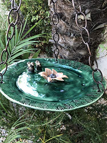 Large Hanging Bird Feeder or Bath with love birds and flower, handmade ceramic garden art