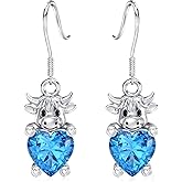 Highland Cow Earrings for Women 925 Sterling Silver Blue Topaz Cute Cow Dangle Earrings December Birthstone Gift for Wife Girlfriend Daughter, Valentine’s Day, Birthday Christmas Jewelry