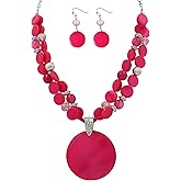 Xalroco Layered Beads Statement Fashion Necklace Chunky Jewelry Set Big Colorful Glass Stone Circle Shell Pendant Choker Necklace and Earring Set for Women