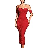 CurvySweet Women's Off The Shoulder Spaghetti Straps Ruched Mesh Elegant Formal Evening Midi Dress with Built-in Bra and Slit
