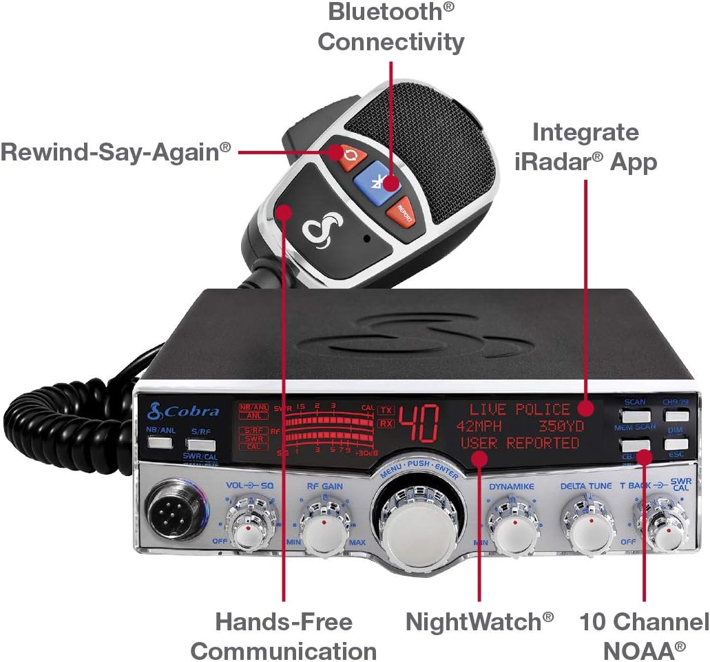 Cobra 29LXBT Professional CB Radio - Emergency Radio, Travel Essentials, Bluetooth Connectivity, Selectable 4-Color LCD, NOAA Weather and Emergency Alerts, Caller ID, Text to Speech
