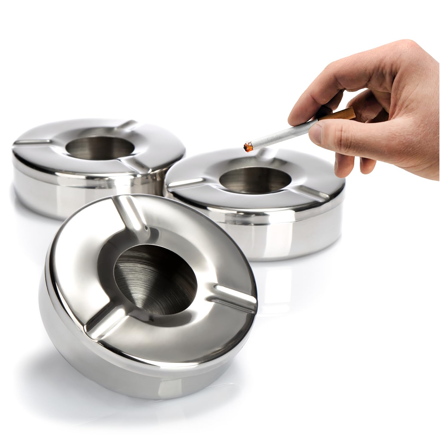 com-four® 3x Ashtray made of stainless steel - Wind ashtray with removable lid to protect against fly ash - Ø 11 cm (003 pieces - stainless steel)