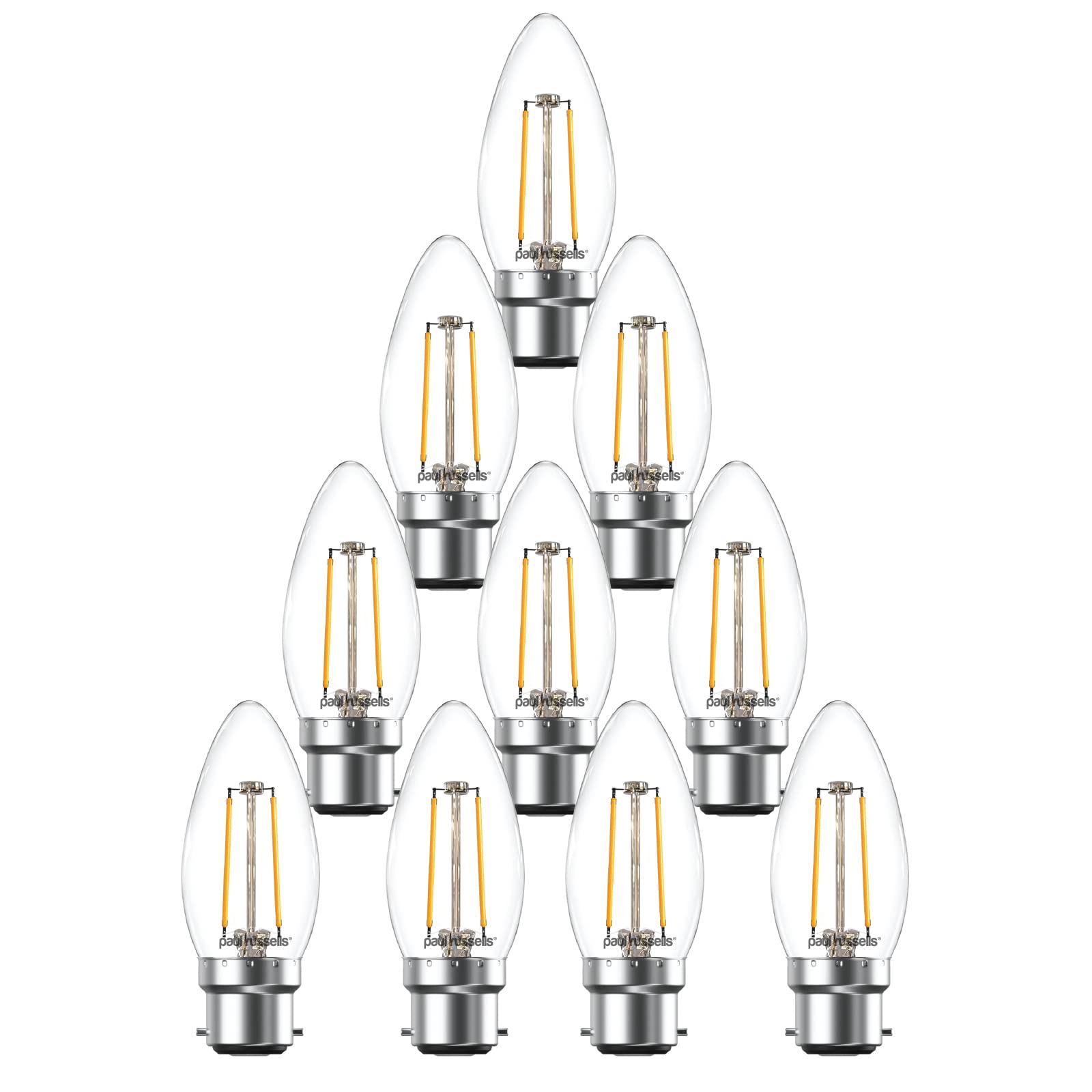 paul russells LED Candle Filament Light – 2.5W 25W Equivalent Replacement, 250LM Lumens, 2700K Warm White, BC B22 Bayonet Cap C35 Bulbs – Bright Energy Saving Non-Dimmable Lamps - Pack of 10