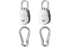 Oualhoo 2 PCS 304 Stainless Steel M25 Silver Single Pulley Block Wire Rope Hanging Wire Towing Wheel, Lifting Crane Pulley, with 2 PCS Spring Snap Hook