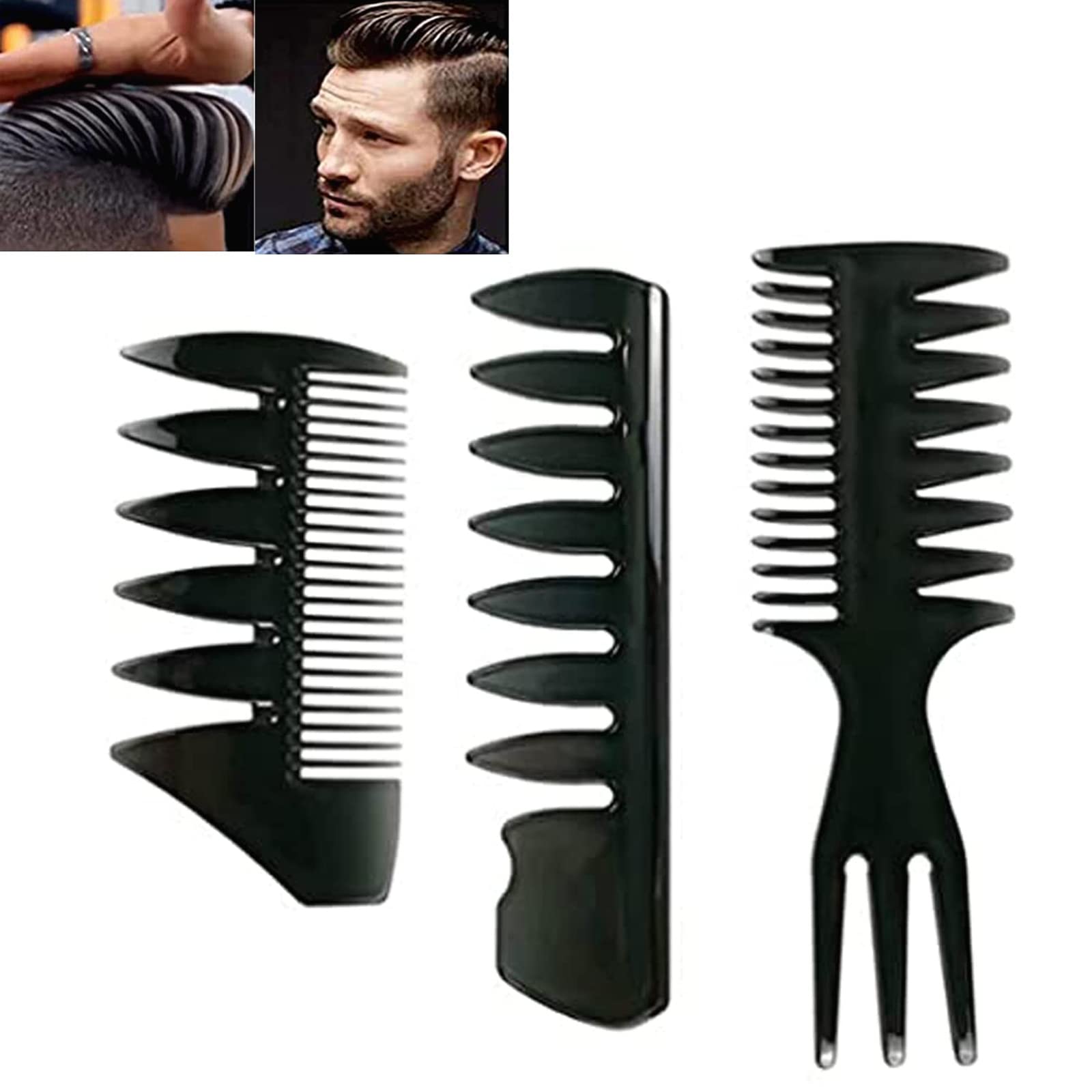 Lanjue 3-Piece Men's Styling Comb Set - Black Pompadour & Wide Tooth Combs for Wet, Curly, Thick, Afro, Oil Hair