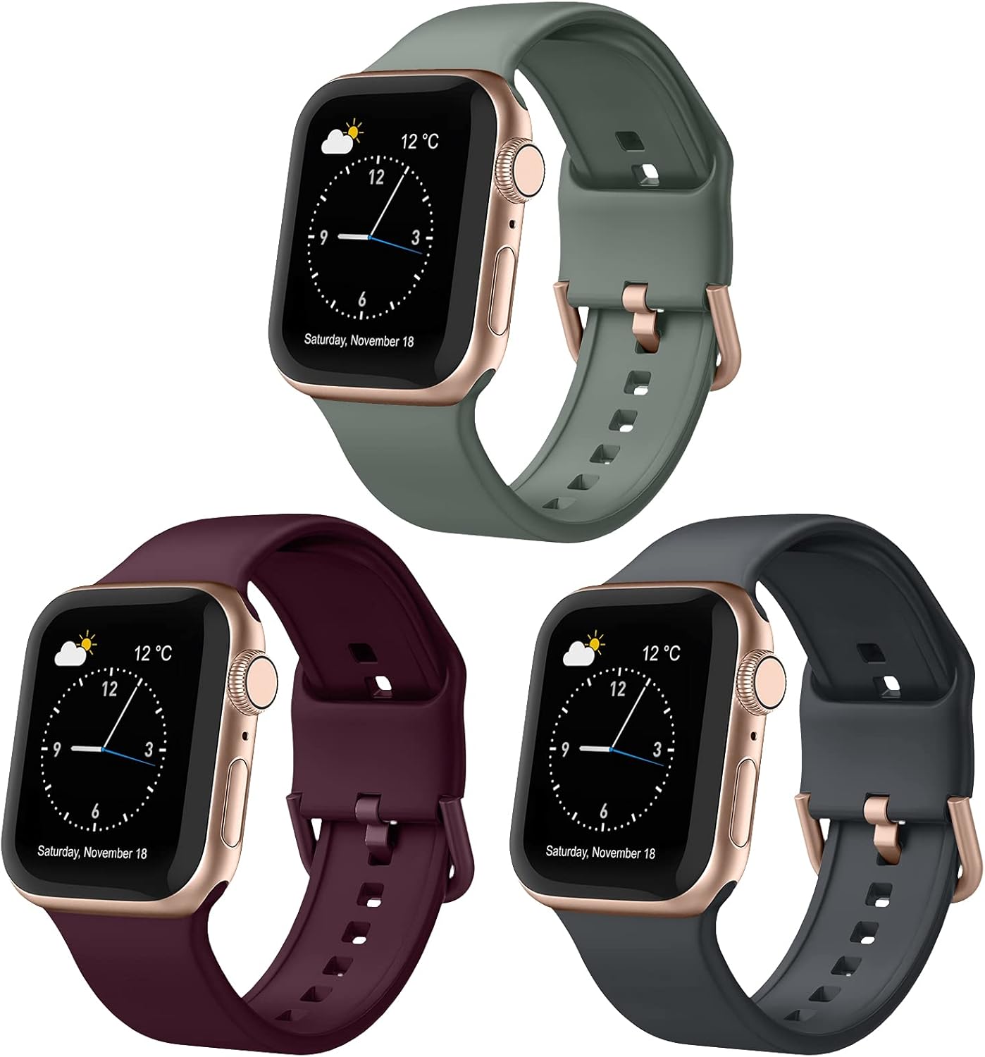 Adepoy 3 Pack Compatible with Apple Watch Bands 44mm 42mm, Soft Silicone Sport Wristbands Replacement Strap with Classic Clasp for iWatch Series SE 6 5 4 3 2 1 for Women Men, 42mm/44mm