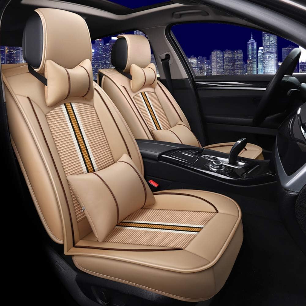 Car Seat Cover Four Seasons Pad Compatible with Airbag Seat Cover 5 Seats Full Set of Universal Ice Silk Leather Car Seat Cover, Black,Beige