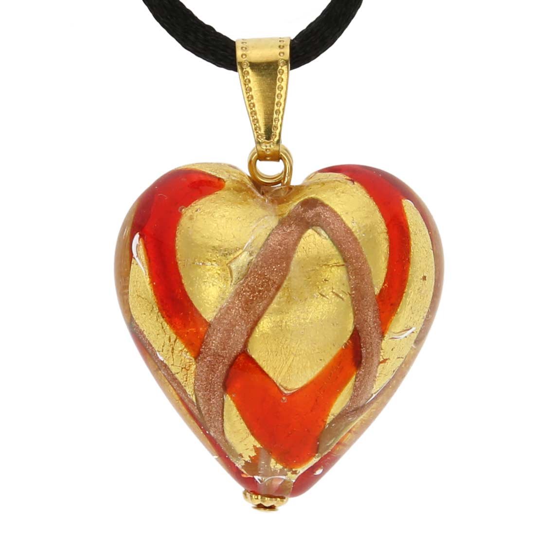 Glass Of Venice Murano Glass Heart Pendant - Red Waves Gold