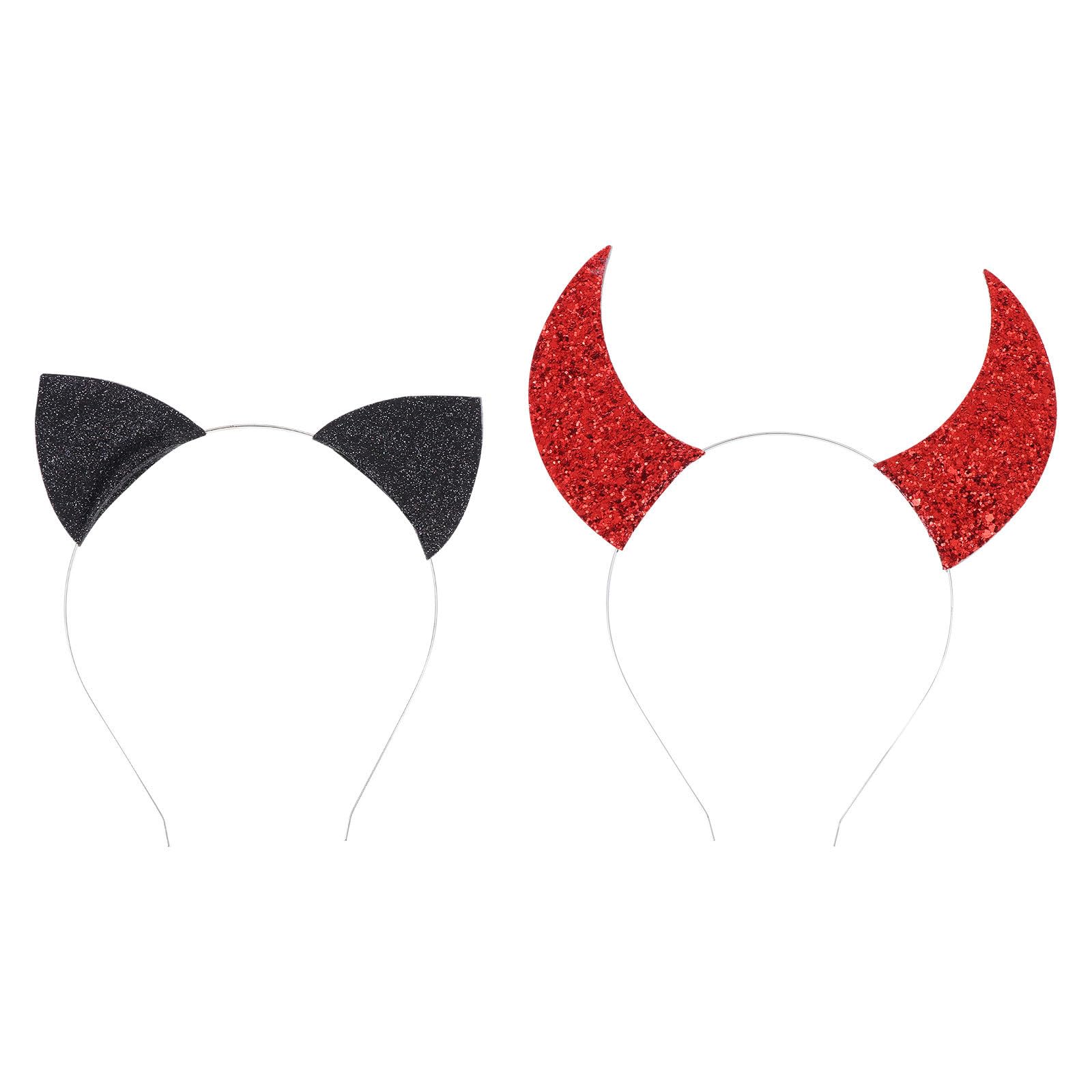 FRCOLOR Glitter Devil Horns Headband Cat Ears Headband Devil Headpiece Cosplay Head Accessories Halloween Fancy Dress Costume Set for Girls Women, 2PCS (Red, Black)