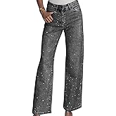 Unybwonn Straight Leg Jeans Rhinestone High Waisted Pearl Boyfried Denim Pants Sparkly Bling Glitter Bedazzled Jeans