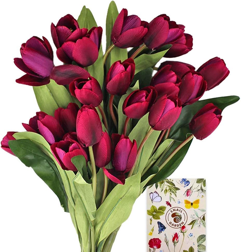 SnailGarden 27 Pcs 12" Artificial Flowers Purple Tulips,Silk Tulips Flowers with 2Pcs Satin Ribbon and 1 Pc Greeting Card for Wedding Party Decoration,Home Office Table Arrangements,Festival Gift