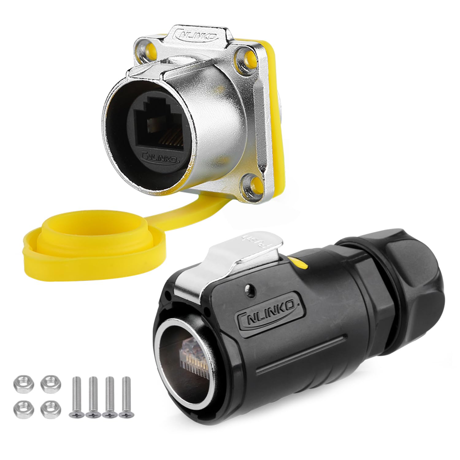 CNLINKO LP-24 RJ45 Connectors, 8P8C Dual Port Connector,Circular Connector for Network Connections, Panel Mount Receptacles Socket IP68 Waterproof Connector M24 (RJ45 Set)