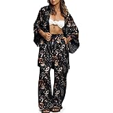 CORAMOON 2 Piece Sets for Women Casual Mushroom Outfits Womens Lounge Set Kimono & Wide Leg Pants Boho Matching Beach Clothes