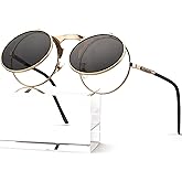 AIEYEZO Round Flip Up Sunglasses for Men and Women Rave Flip Glasses 90's Retro Steampunk Style