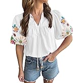 Whrounnk Women's Casual Floral Embroidered V Neck Boho Short Puff Sleeve Mexican Shirts Loose Summer Blouses Tops 2025 Pink S