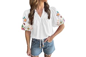 ECOSUNNY Women's Casual Floral Embroidered V Neck Boho Puff Short Sleeve Shirts Loose Tunic Summer Blouses Tops Fashion Clothes 2025