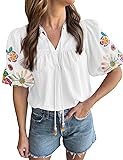 Women's Casual Floral Embroidered V Neck Boho Puff