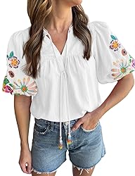 Women's Casual Floral Embroidered V Neck Boho Puff
