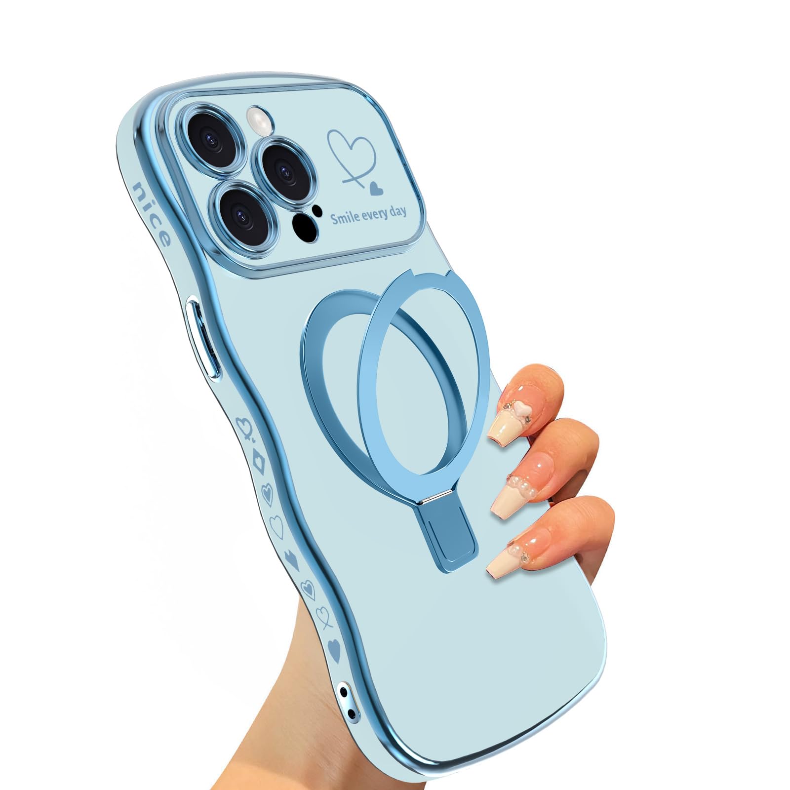 VCGFJD Magnetic for iPhone 15 Pro Max Case with Stand, Cute Wave Frame Curly Shape with Love Heart Pattern Design for Women Girls, Luxury Plating Edge Soft Slim TPU Shockproof Phone Case, Blue