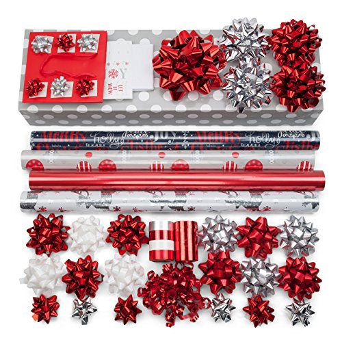 Red + Silver Designer Wrapping Paper Set: 4 Rolls (6 designs) of Premium Gift Wrap (75 sq. ft.) with 30 Coordinated Bows, 5 Ribbons, and 24 Gift Tags with Bonus Euro Tote and Tissue Paper