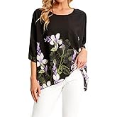 Rokou Women Chiffon Blouse Floral Batwing Sleeve Beach Cover Loose Tunic Shirt Tops