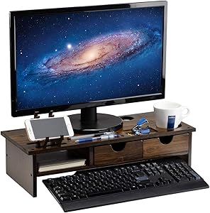 ARTALL Bamboo 2-Tier Monitor Stand Riser with Storage Drawers, Office&Home Shelf Organizer with Laptop Desktop Cellphone Printer Stand, Antique Brown