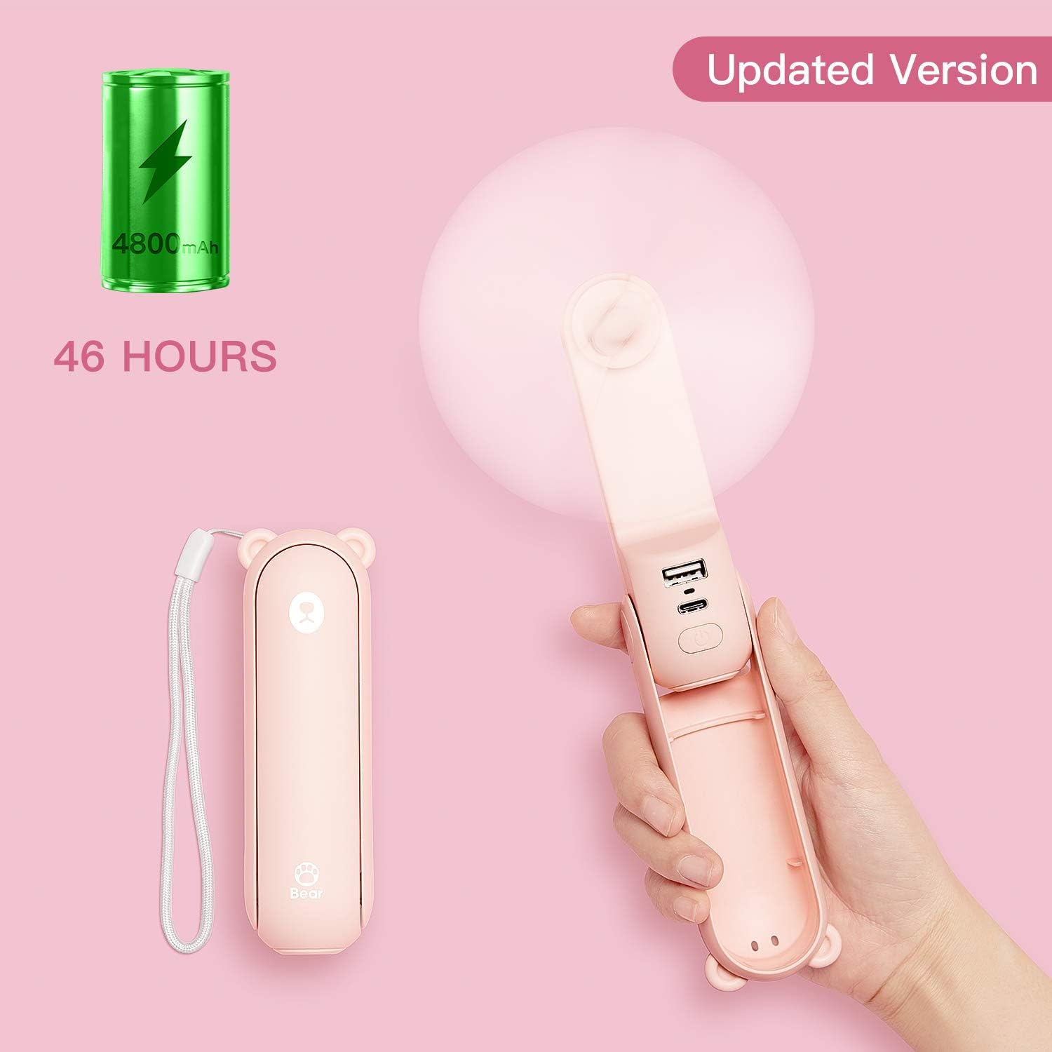 13-46 Hrs Runtime Handheld Pocket Fan with 4800 mAh Power Bank, Portable Battery Operated or USB Powered Folding Personal Fan, 3 Speeds, Enhanced Airflow, Rechargeable Quiet Mini Fan for Home, Outdoor