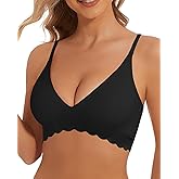 BOUFOR Deep V Bra Low Cut Plunge Bras V Neck Wireless Bralette Padded Seamless Bra with Scalloped Edges