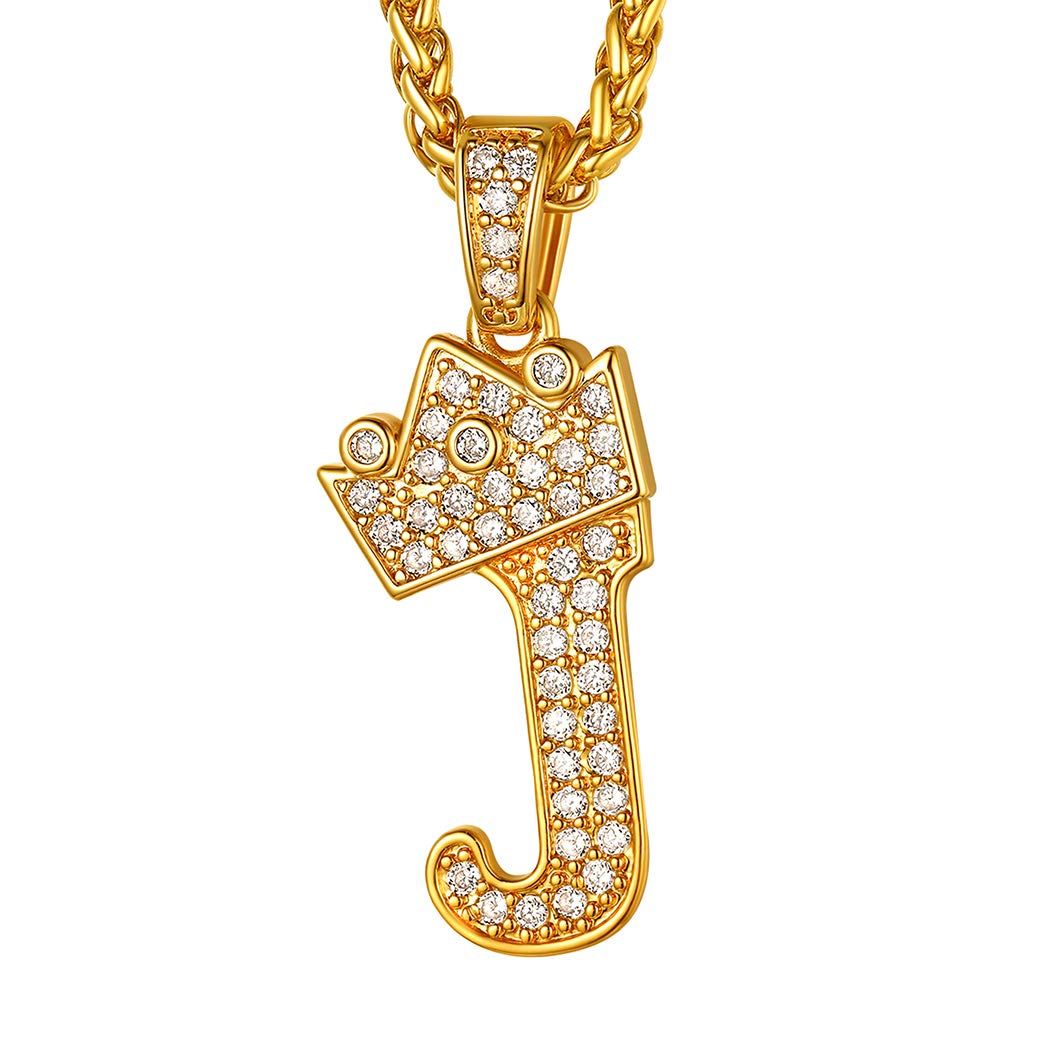 Suplight Crown Initial Necklace Real Gold, Womens Mens Bling Bling Hip Hop Chain Jewelry Pendant, Cubic Zirconia CZ Tennis Necklace with Letter Pendant J — image 1