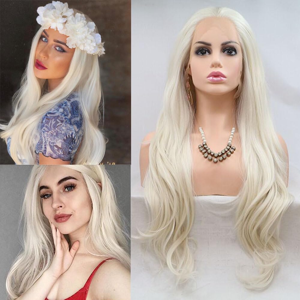 Xiweiya Mixed Blonde Lace Wig Mermaid Long Silky Body Wavy Hair Blonde Synthetic Lace Front Wigs Free Part Glueless Wig Heat Resistant Fiber for Women Party Makeup 24 Inch