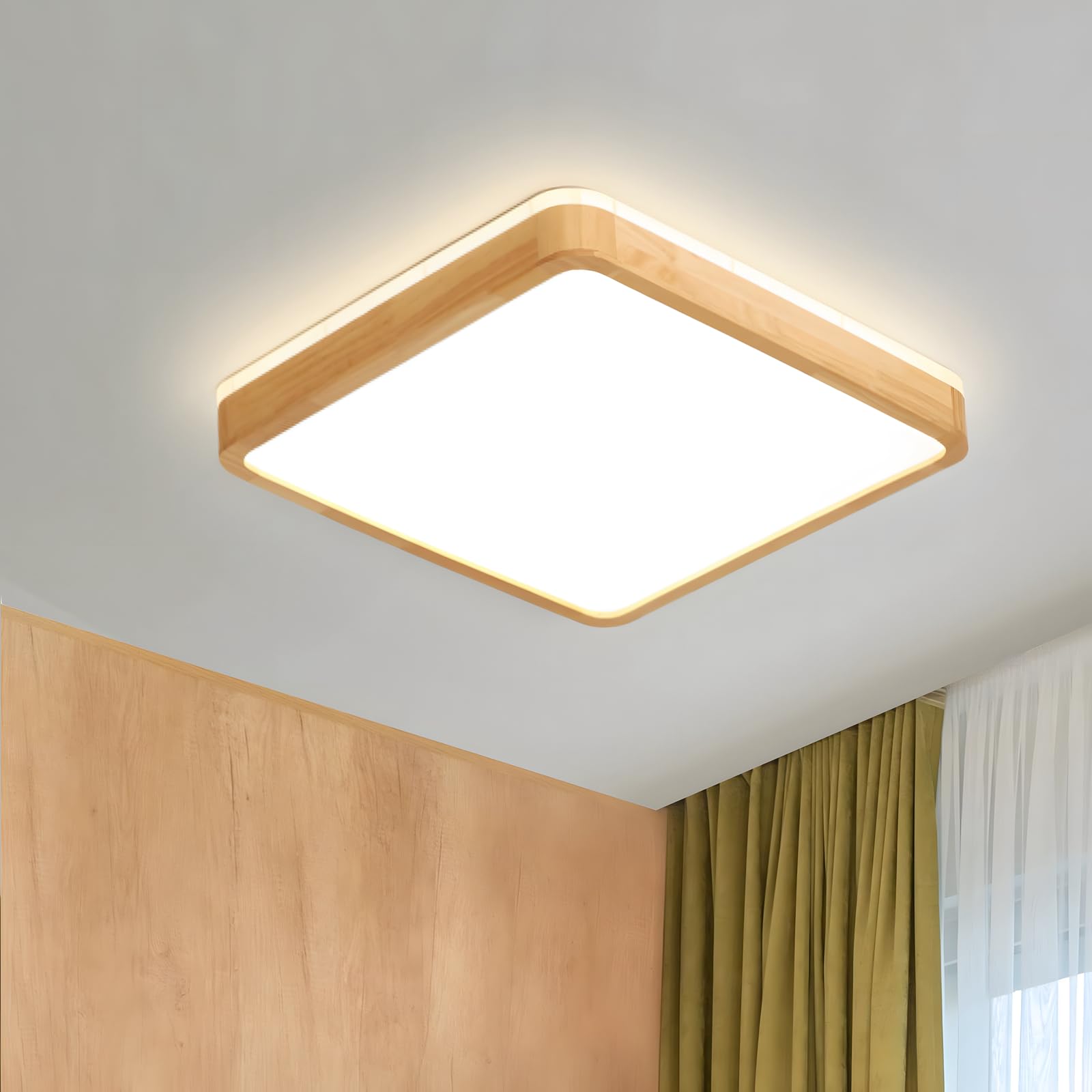 WayLuoung Wooden LED Ceiling Light | Ø30cm 4500K 1620Lm 18W | Square Top 360° Glow Natural Wood Ceiling Lamp, Bedroom, Living Room, Children's Room, Kitchen, Dining Room, Home, Office (Neutral White)
