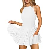 Hragc Women's Flowy Pleated Ruffle Tennis Athletic Dress for Women Summer Boat Neck Sleeveless Mini Golf Dress Shorts Pockets