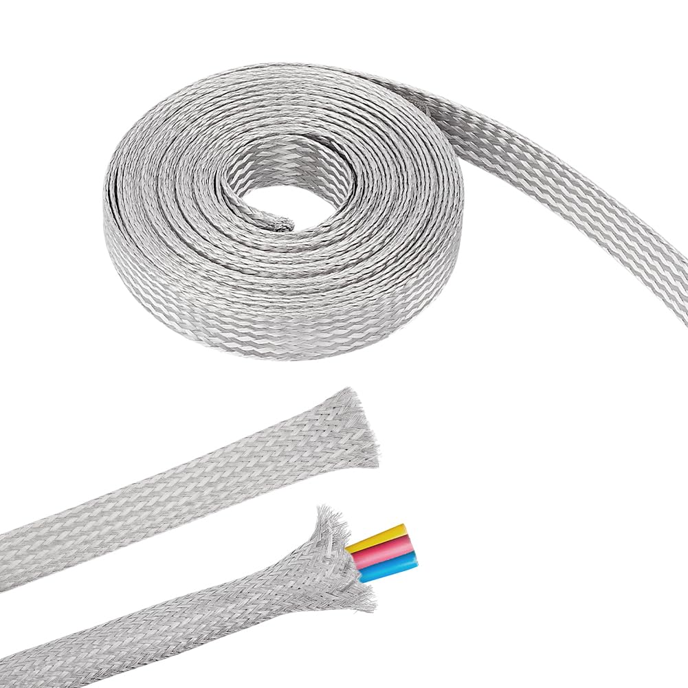 UNICRAFTALE 0.59" Wide Stainless Steel Braided Sleeving Braid 13.12 Feet Cable Wire Shielding Sleeve Ground Straps Protection Metal Mesh Flexible Expandable Scalable Ribbon Flat Wire for Protect Cable