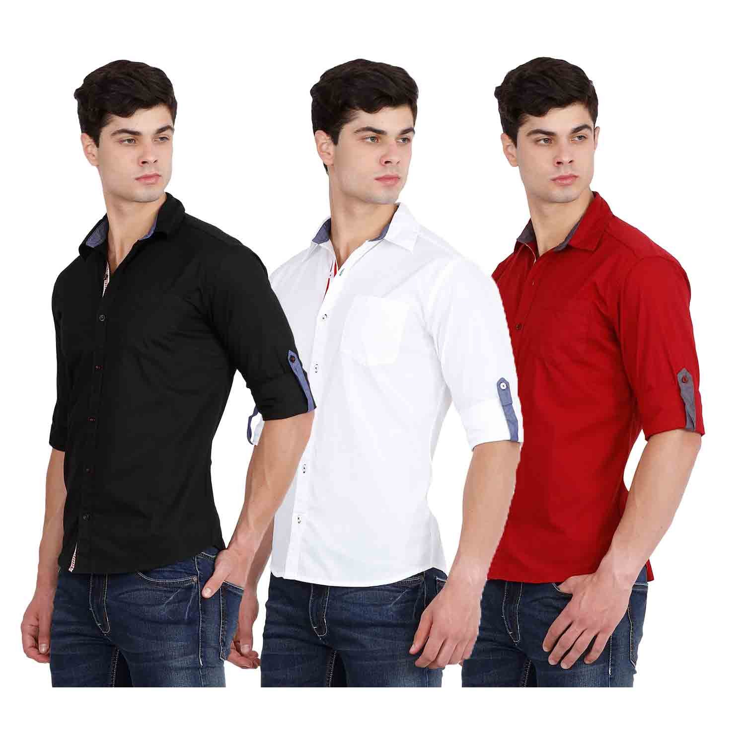 maroon shirt with dark blue jeans