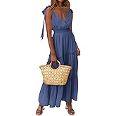 PRETTYGARDEN Women's Cross Neck Spring Sleeveless Tiered Maxi Dress Beach Tie Strap Smocked Long Dresses Pleated Sundress