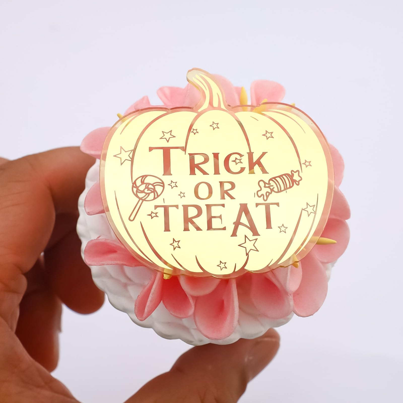 Pack of 6 "Trick or Treat" Cupcake Toppers - Halloween Party Cupcake Toppers - Cupcake Charms For Halloween - Acrylic Mirror Cake Topper