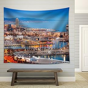 Barcelona City and Port in Evening. Catalonia, Spain - Fabric Wall Tapestry Home Decor - 51x60 inches