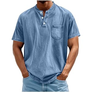 Henley Shirts for Men V Neck Button Up Fashion Drop Shoulder T Shirt Vintage Tops with Pockets 2026 Summer