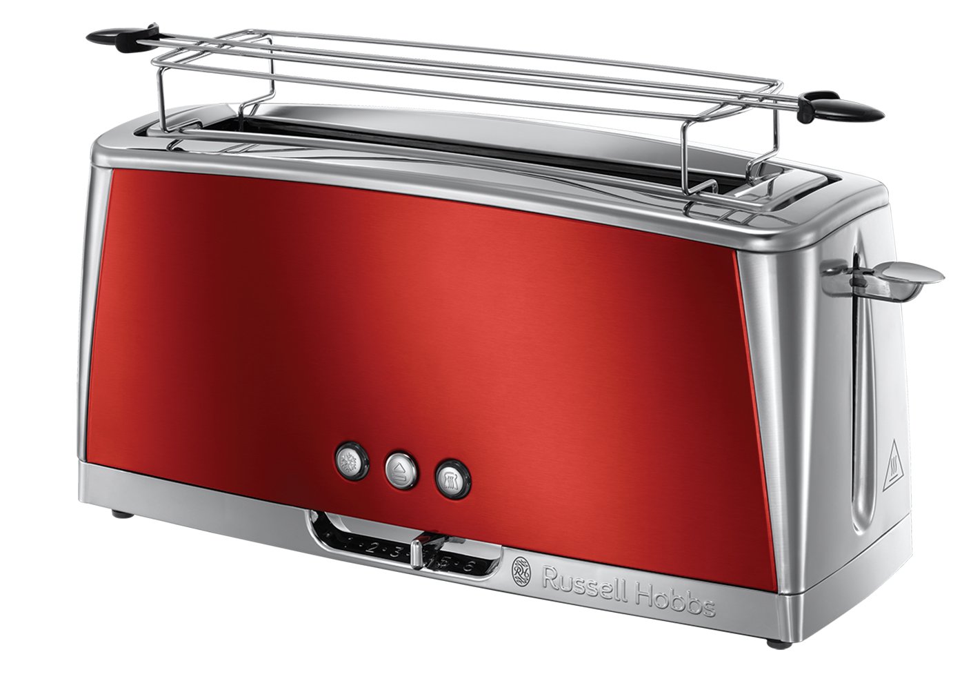 Russell Hobbs Grille Pain [Fente Longue 2 Toasts/ 1 Tranche Baguette] Luna Rouge Inox (Fente Large, 6 Niveaux De Brunissage, Surélévation, Décongèle, Réchauffe Viennoiserie, 1420W) Toaster 23250-56