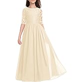 HOSIKA Flower Girls Dress Elegant Vintage Lace Chiffon A-Line Formal Birthday Wedding Party Floor Length Dress 6-13 Years